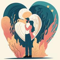 Young Girl Hugging To Boy From Another Dimension On Heart Shape Background. Happy Valentine's Day Concept. vector
