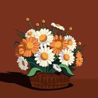 Beautiful Daisies Bouquet In Basket On Umber Background. vector