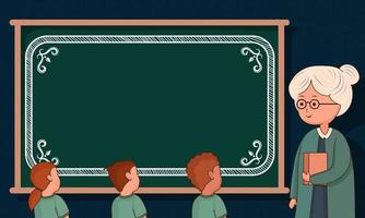 Female Teacher Character Standing In Front of Pupils Near Empty Chalkboard In Classroom. vector