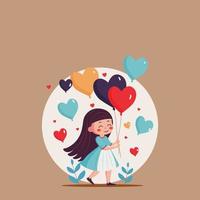 Cute Young Girl Holding Heart Balloons On White And Brown Background. vector