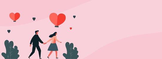 Walking Young Man And Woman Holding Hands With Flying Heart Shapes, Leaves On Pastel Pink Background And Copy Space. Love Concept. vector