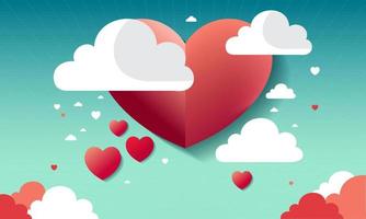 Beautiful Paper Heart Shapes With Clouds On Turquoise Rays Background For Love Or Valentine Concept. vector