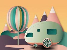 Paper Cut Camper Van Against Colorful Mountain Landscape Background. vector