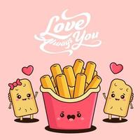 Always Love You Quote With Funny Pizza Puffs Couple And French Fries Box On Pink Background. vector