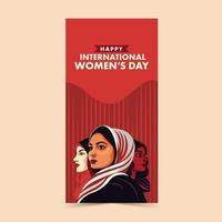 Happy International Women's Day Concept With Three Young Women Characters On Burnt Red Stripe Background. vector