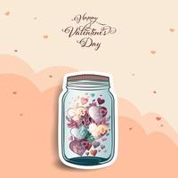 Happy Valentines Day Concept, Sticker Style Colorful Hearts With Leaves Inside Jar. vector