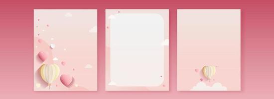 Love Greeting Cards Decorated With Paper Heart Shapes, Balloon, Clouds And Space For Text. vector