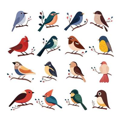 Various Types Birds Sitting On Floral Branch Icon Set.