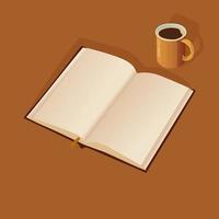 Open Book With Blank Pages, Tea Mug Element On Brown Background. vector