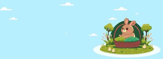 Cute Chubby Rabbit Character In Wicker Basket, Eggs On Nature View And Cyan Background With Copy Space. vector