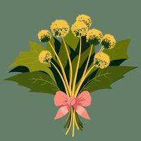 Taraxacum Or Dandelion Bouquet Tied With Peach Bow Ribbon On Green Background. vector