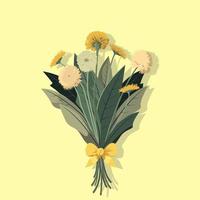 Dandelion Bouquet Tied With Bow Ribbon On Yellow Background. vector