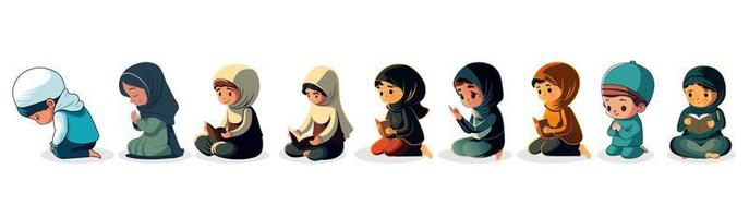 Set of Muslim Boy And Girl Characters Praying With Tasbih, Quran Book In Sitting Pose. Islamic Religious Concept. vector