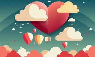 Beautiful Red Paper Heart Shape Balloon With Rays, Colorful Clouds Background For Love Or Valentine Concept. vector