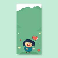 Cheerful Girl Standing With Heart Shapes On Pastel Green Clouds Background And Copy Space. vector