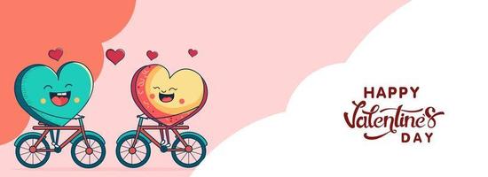 contento San Valentín día bandera diseño con dos corazones personaje montando en su bicicleta. vector