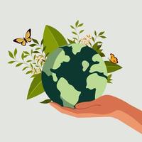 Human Hand Protecting Earth Globe With Leaves, Butterflies On Gray Background. vector