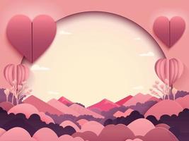 Paper Style Beautiful Landscape Background With Hearts And Copy Space. vector