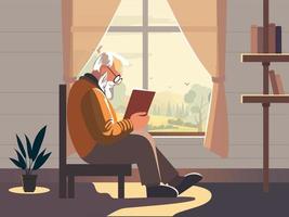 Elderly Man Character Reading Book On Chair With Bookshelves, Curtains And Nature Landscape Through Window. vector