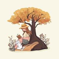 moderno joven niña personaje leyendo libro con adorable gato debajo el árbol en blanco antecedentes. vector