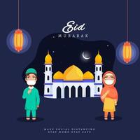 islámico festival eid Mubarak concepto con musulmán hombre y mujer vistiendo mascarilla, saludos en ocasión de eid mubarak. hermosa mezquita, colgando linternas, y brillante creciente Luna. vector