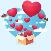 corazones viniendo fuera de cartulina caja con volador aves en nubes antecedentes. San Valentín día concepto. vector