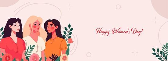 Happy Women's Day Banner Design With Fashionable Three Young Women Characters On Floral Decorated Background. vector