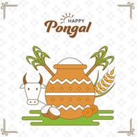 Happy Pongal Celebration Greeting Card With Festival Elements Against Dense Dotted Rhombus Pattern White Background. vector