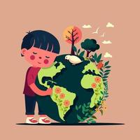 Vector Illustration of Boy Character Hugging Earth Globe With Plants And Birds On Peach Background.