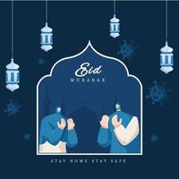 Islamic Festival Eid Mubarak Concept with Muslim Man and Woman wearing mask, and Corona Virus on Background. Eid celebrations during Covid-19, Stay Home and Stay Safe. vector