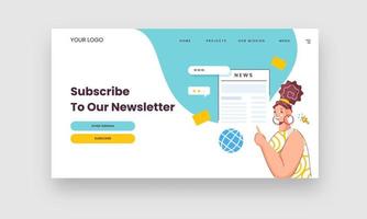 Subscribe To Our Newsletter Hero Banner With Young Woman Character. vector