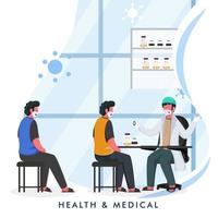 Doctor Man Checking Patient from Stethoscope with Wear Medical Masks at Clinic. Health Medical Concept Based Poster Design. vector