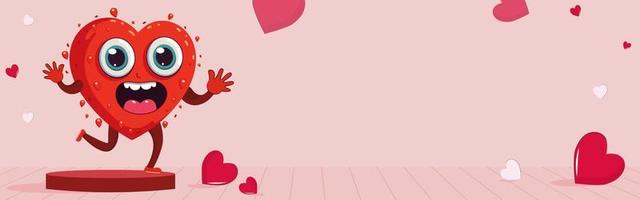 Heart Mascot Running Away Sweat On Podium With Tiny Red Hearts On Pink Plank Texture Background And Copy Space. vector