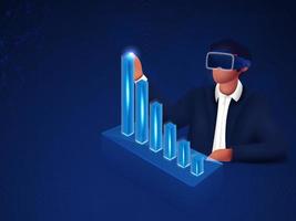 Businessman Presenting Bar Graph Through VR Metaverse Glasses On Blue Background. 3D Rendering. vector