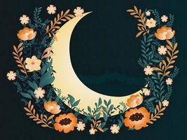 Beautiful Floral Decorated Golden Crescent Moon On Dark Teal Islamic Geometric Pattern Background. vector