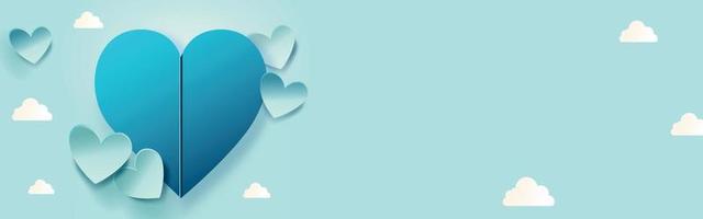 Pastel Blue Paper Heart Shapes And Clouds Decorated Background With Space For Text Or Image. vector