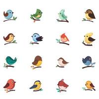 Different Types of Birds Sitting On Branch Icon In Flat Style. vector