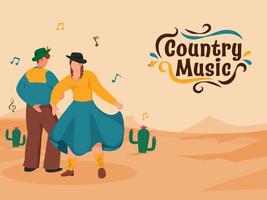 Country Music Poster Design With Faceless Cowboy And Cowgirl Performing Dance On Cactus Sand Landscape Background. vector