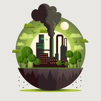 Factory And Trees On Half Earth Globe Background And Sun. Ecosystem And Pollution Concept. vector