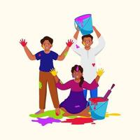 joven Niños y niña personaje jugando holi desde acuarela Cubeta en beige antecedentes. contento holi concepto. vector