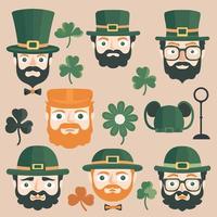 Flat Style Different Leprechaun Man Faces And Clover Leaves Icons Decorated On Peach Background. St. Patrick's Day Concept. vector