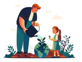 Young Man And His Daughter Character Gardening Together With Earth Globe On Nature Background. vector