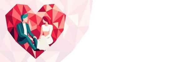 Faceless Young Couple Sitting On Red And Pink Polygonal Heart And Copy Space. Valentine's Day Banner Or Header Design. vector