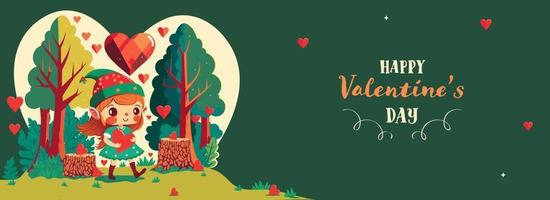 Happy Valentine's Day Banner Or Header Design With Cute Girl Character Walking And Heart Shapes On Natural Green Background. vector