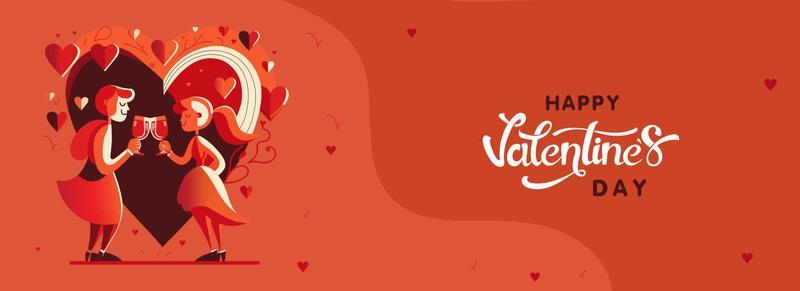 Happy Valentine's Day Banner or Header Design With Romantic Young Couple Clinking Drink Glasses On Orange Heart Shapes Background.