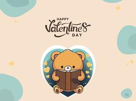 Happy Valentine's Day Concept With Cute Teddy Bear Reading A Book, Heart Shape. vector