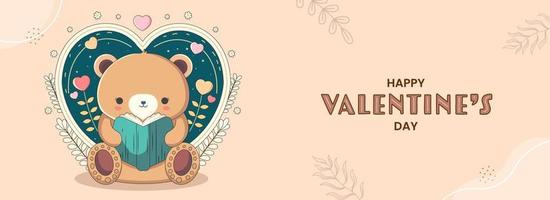 Happy Valentine's Day Concept With Cute Teddy Bear Reading A Book, Hearts And Leaves On Pastel Peach Background. vector