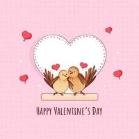 contento San Valentín día saludo tarjeta con aves Pareja sentado a rama y vacío corazón forma marco en rosado punteado antecedentes. vector