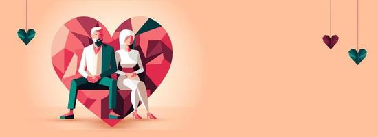 Young Couple Character In Sitting Pose And Polygon Hearts On Peach Background With Copy Space. Happy Valentine's Day Concept. vector