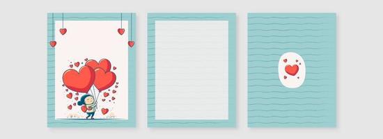 San Valentín día o amor saludo tarjetas con niña personaje participación rojo corazón globos y espacio para tu mensaje. vector